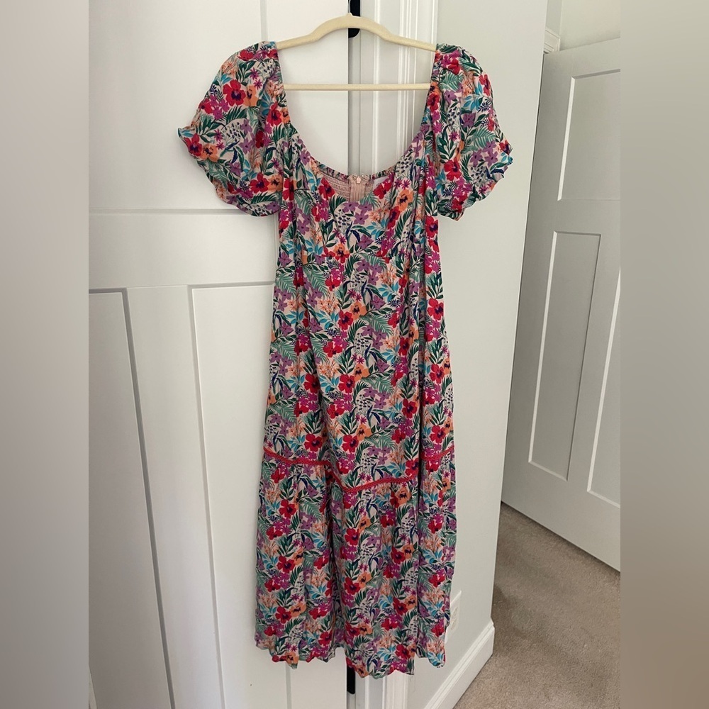 Lost + Wander Floral Dress midi v neck smocked puff sleeve pink red